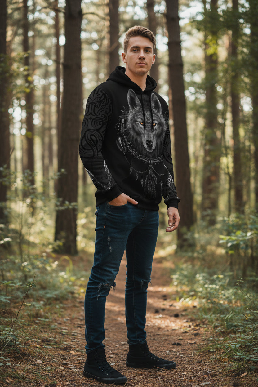 Black hoodie with a wolf design on the back against a white background