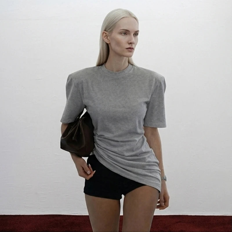 Versatile Regular-shoulder T-shirts Women Casual White Round Neck Irregular Hem Pleated Short Top Summer Lady Street Wear New