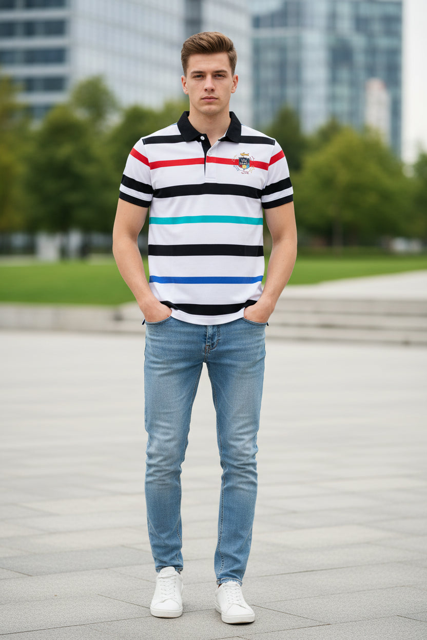 A short-sleeve polo shirt with horizontal stripes in black, red, turquoise, and blue on a white base. The shirt features a black collar, a small crest on the left chest, and a visible TACE&SHARK brand logo overlay in the top-left corner.