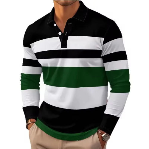 Black, white, and green striped long-sleeve polo shirt on a white background
