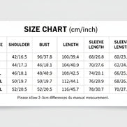 Size chart in centimeters and inches for clothing with shoulder, bust, length, and sleeve measurements.
