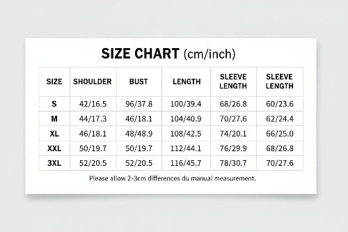 Size chart in centimeters and inches for clothing with shoulder, bust, length, and sleeve measurements.