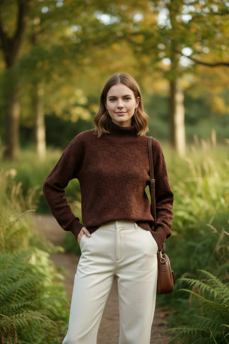 Person wearing a brown textured sweater with a blurred green background