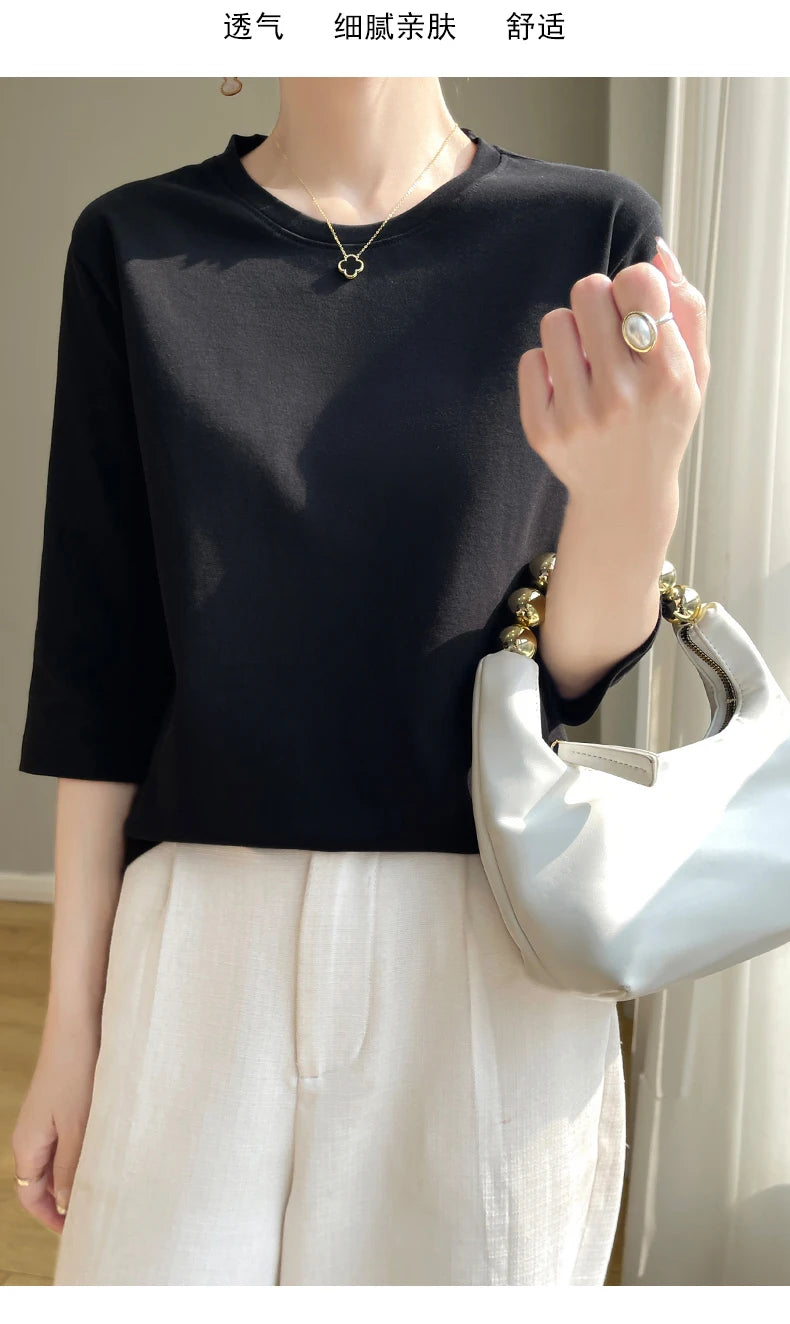 Summer Cotton Short-Sleeved T-Shirt Women's Round Neck Seven-Point Sleeves Loose Mercerized Cotton Half-Sleeve Shirt New T-shirt