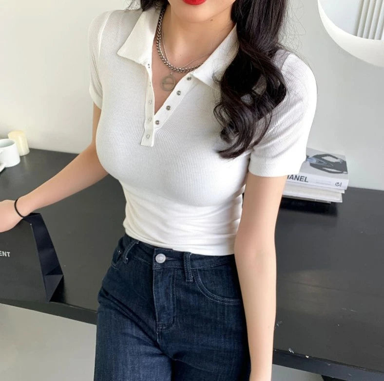 Polo Neck Shirt for Women Sexy Woman T Coquette Clothes Plain 100℅ Cotton Button Slim Korean Style with Collar Pretty Cheap Tops