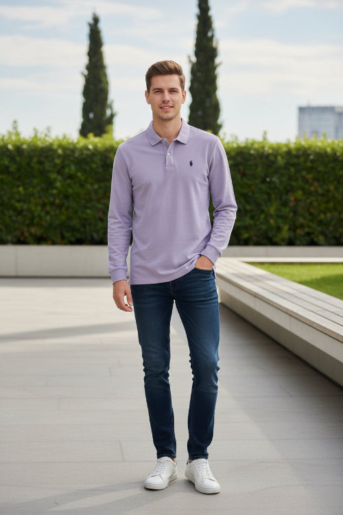 Purple long-sleeve polo shirt on a hanger with other shirts in the background