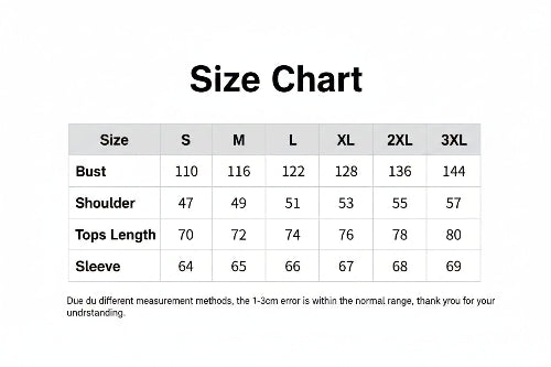 Size chart for clothing measurements in centimeters with a clear and legible layout.