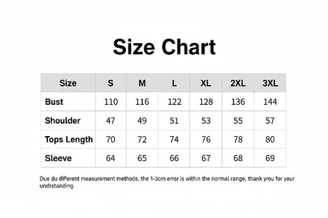 Size chart for clothing measurements in centimeters with a clear and legible layout.