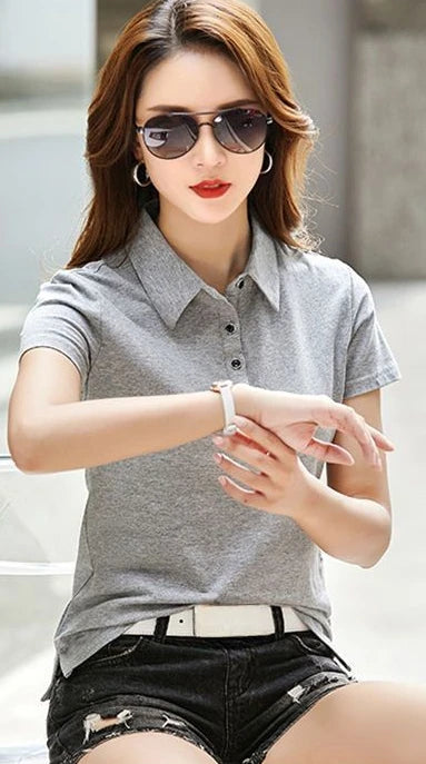 Female Tee Slim 100℅ Cotton Plain Button Women's Polo Korean Clothing Goth T-shirts Elegant Cheap Aesthetic Hot Sales Emo Kpop