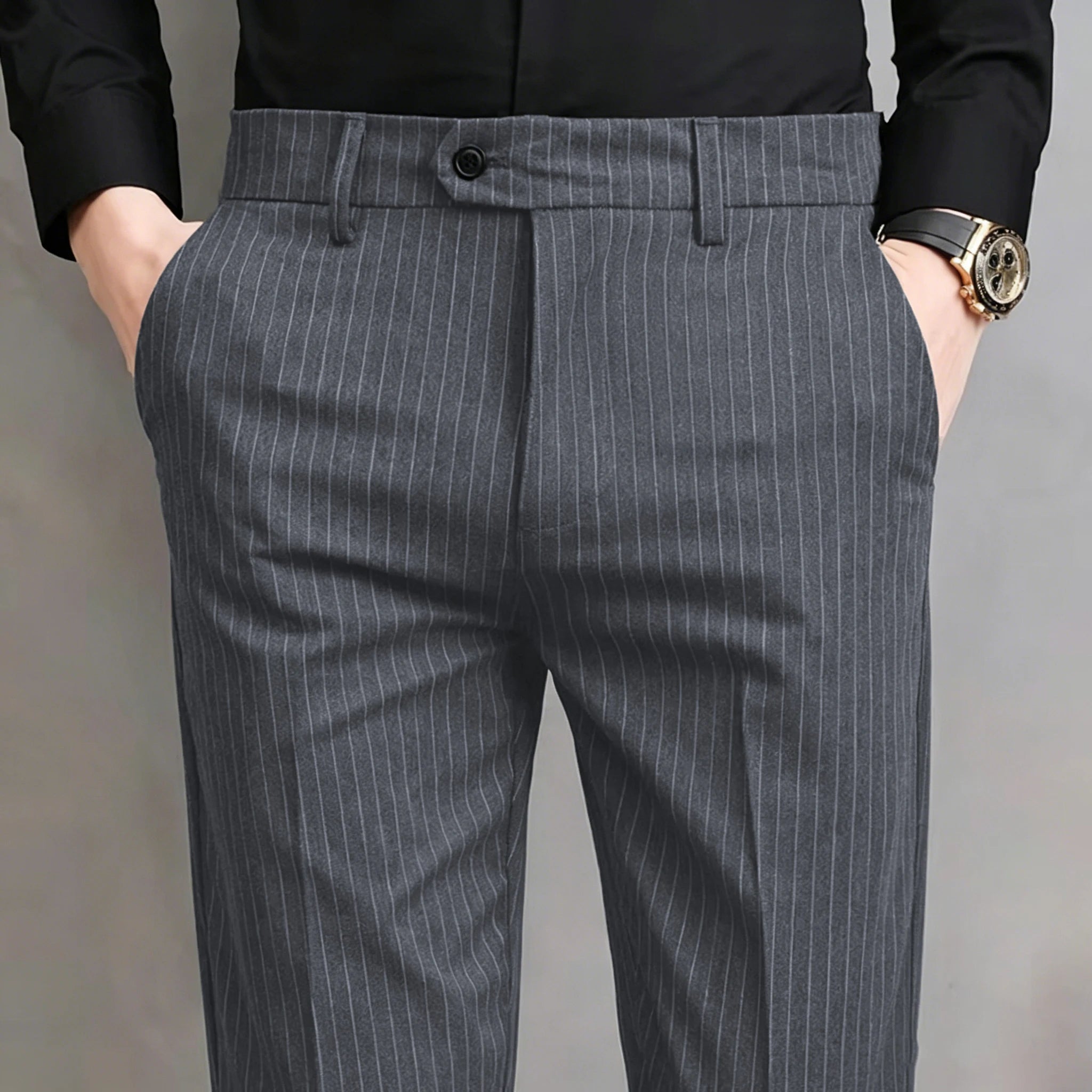 Pinstripe Pattern Suit Pants for Man Formal Dress Slim Fit Pants Elastic Waist Summer Thin Casual Trousers Male Business Wedding