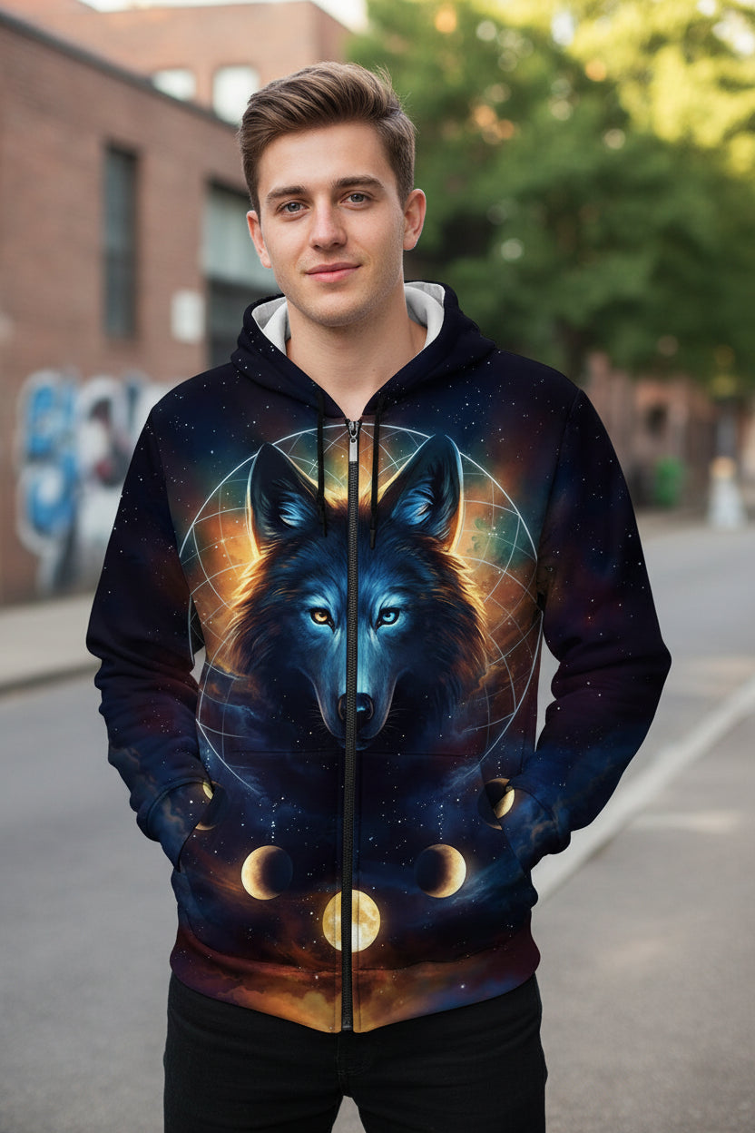 Hoodie with a wolf design and celestial elements on a white background