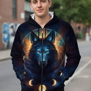 Hoodie with a wolf design and celestial elements on a white background