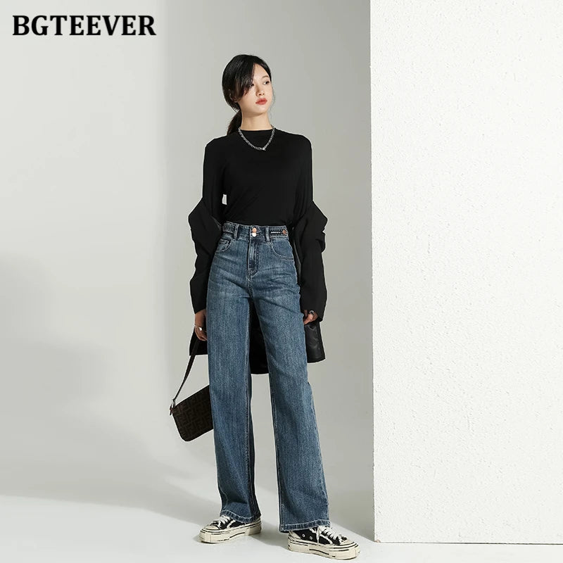 BGTEEVER Vintage Double Buttons Straight Jeans Pants Women Spring Autumn High Waist Loose Pockets Female Wide Leg Denim Trousers