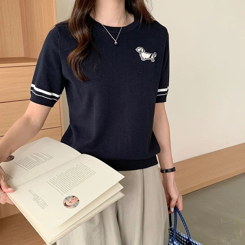 Summer 100% cotton women's T-shirt casual solid color knitted pullover short sleeved loose round neck Tees Pull embroidered Tops