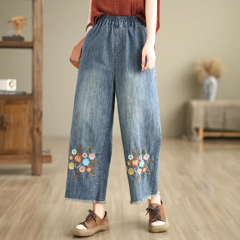 Spring Summer Ethnic Style Vintage Floral Embroidery Denim Wide Leg Pants Women High Elastic Waist Hole Casual Straight Jeans