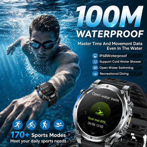 Waterproof smartwatch shown in a promotional graphic with a man swimming in the background and a close-up of the watch face. 