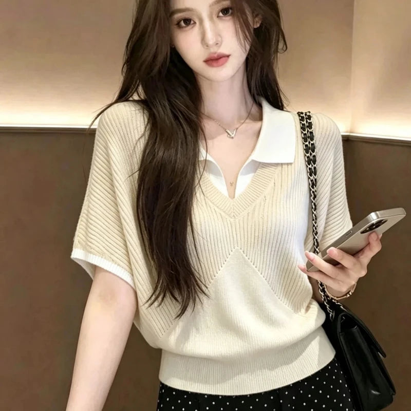 Polo Neck Contrast Patchwork Fake Two Ice Silk Korean Tops Women Clothes Thin Short Sleeve Trend T Shirts Elegant Fashion Summer