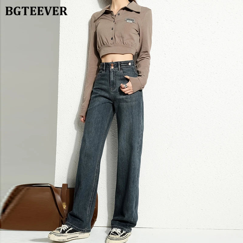 BGTEEVER Vintage Double Buttons Straight Jeans Pants Women Spring Autumn High Waist Loose Pockets Female Wide Leg Denim Trousers