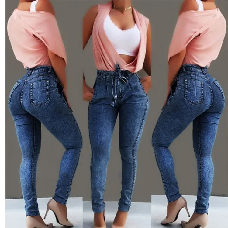 High Waist Denim Jeans Solid Vintage Washed Skinny Women Jean Pencil Pants Ankle Length Pockets Sheath Basics 2026 summer