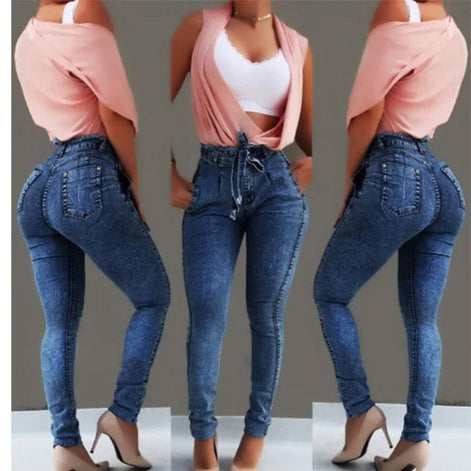 Three views of a person wearing blue jeans and a pink top on a gray background