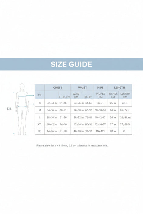 Size chart for clothing with measurements in centimeters and inches.