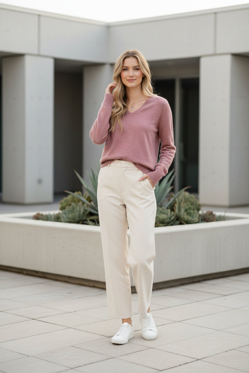 Woman wearing a pink sweater against a beige background