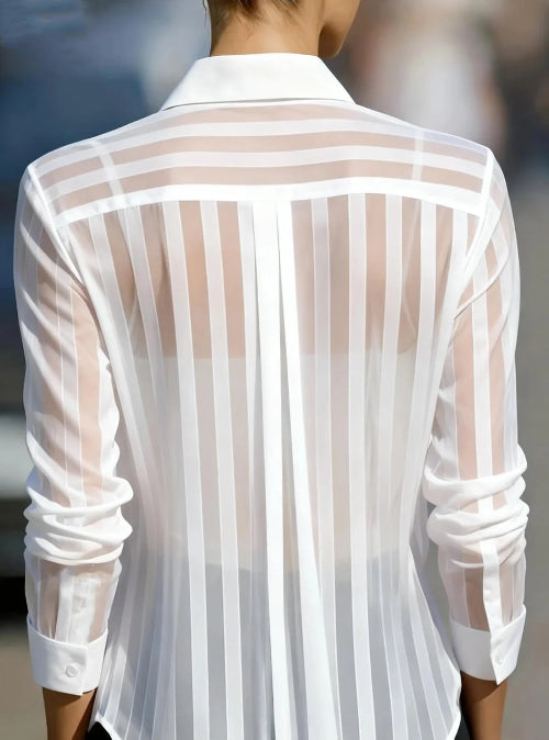 White sheer striped shirt worn by a model, shown from the back.
