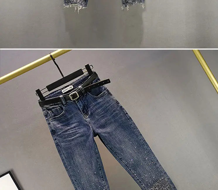 Heavy Industry Hot Diamond Jeans for Women 2026 Summer New Thin Slim High Waist Versatile Seven Point Jeans Female Casual Pants
