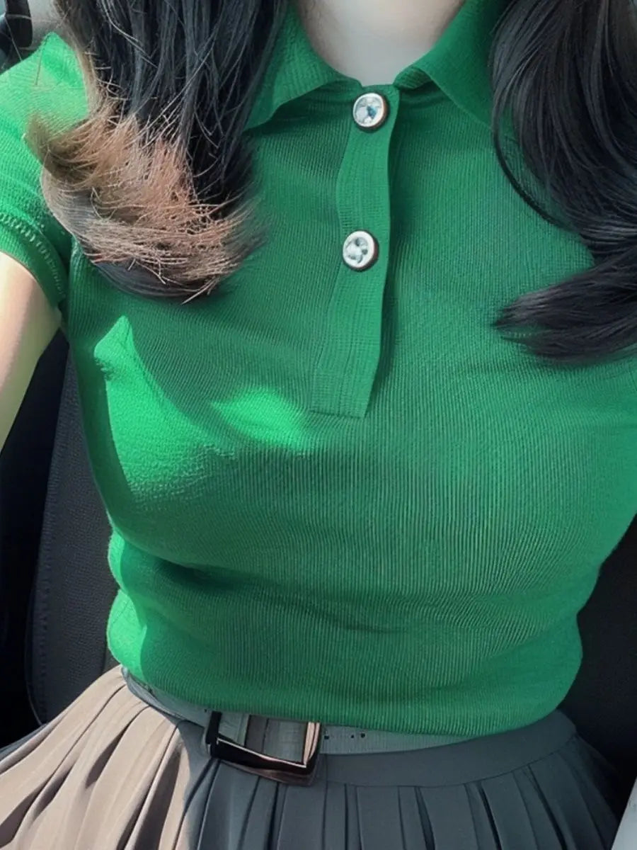 2026 Summer New Solid Color Short Sleeve Stylish Slim Fit Korean Style Polo Collar Hot Girl Top for Women