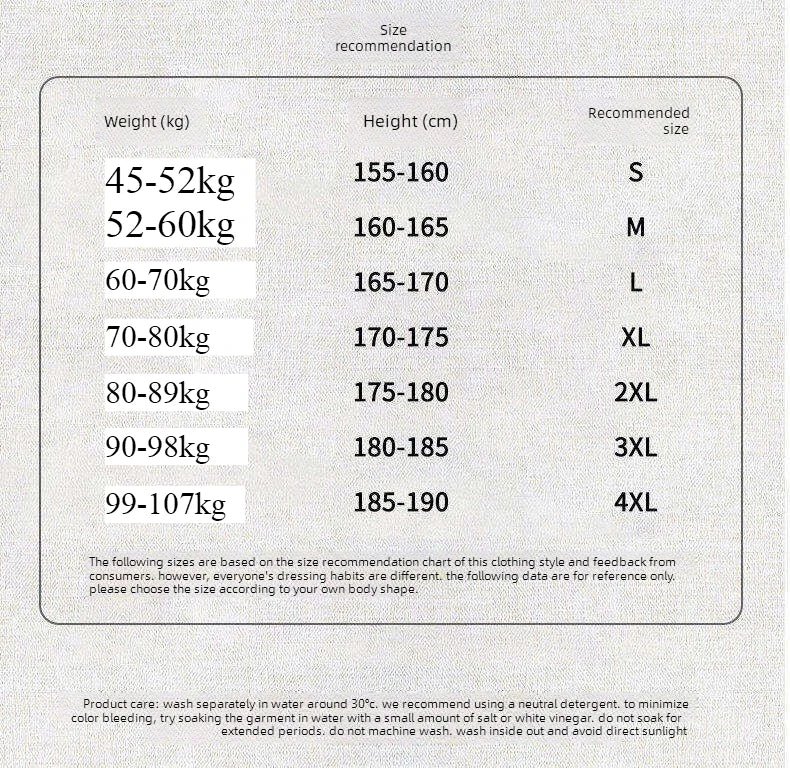 Size recommendation chart for clothing based on weight and height.