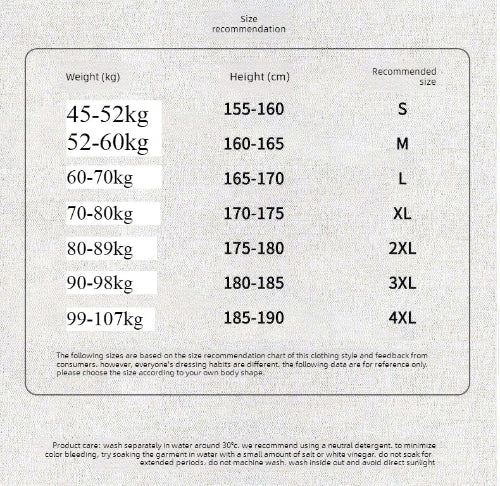 Size recommendation chart for clothing based on weight and height.