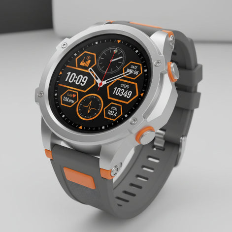 Smartwatch with orange and gray strap on a black background with feature text overlay