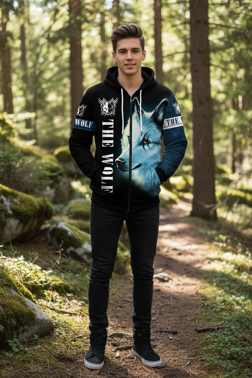 Zip-up hoodie with wolf design and 'The Wolf' branding on a white background