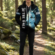 Zip-up hoodie with wolf design and 'The Wolf' branding on a white background