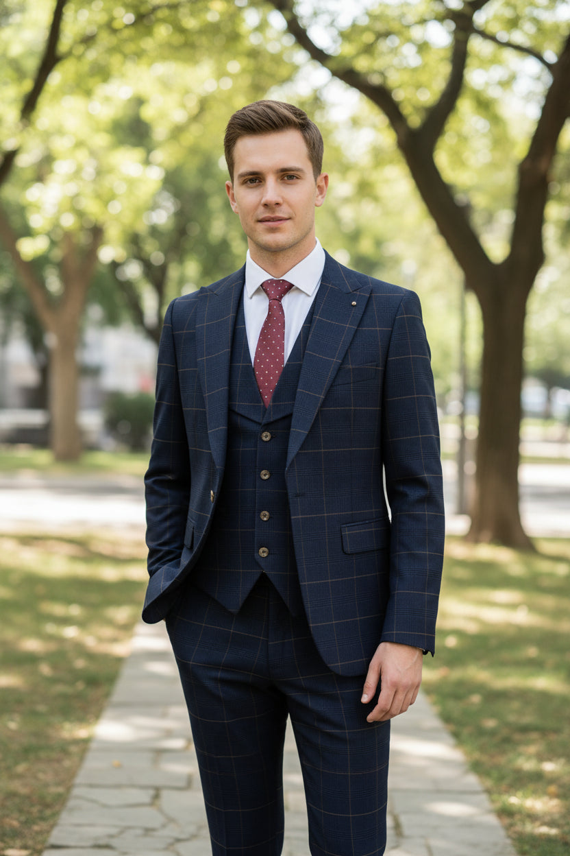 Navy checkered suit on a mannequin with a pink tie against a beige curtain background