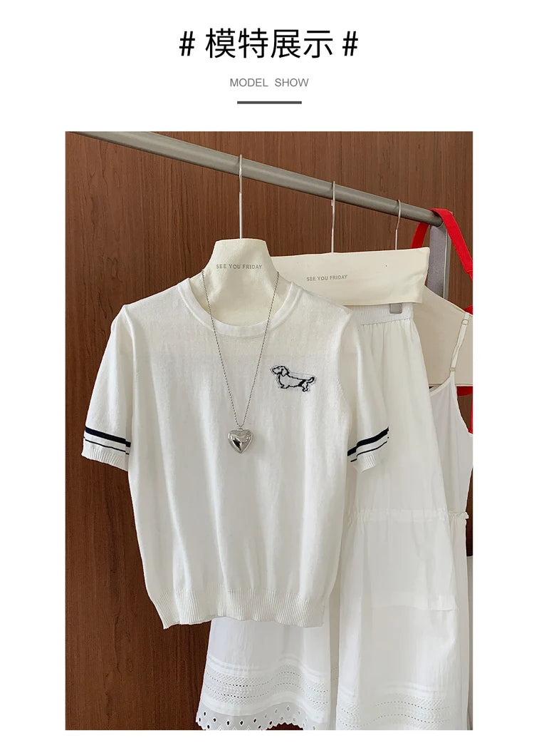 Summer 100% cotton women's T-shirt casual solid color knitted pullover short sleeved loose round neck Tees Pull embroidered Tops