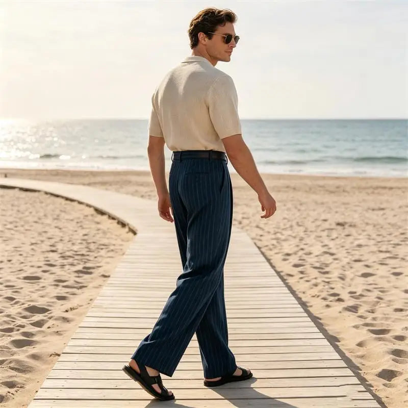 Men's Striped Dress Pants Old Money Wide Leg Baggy Pleated Casual Pinstriped Trousers Loose Fit Elastic Waist Vintage Slacks
