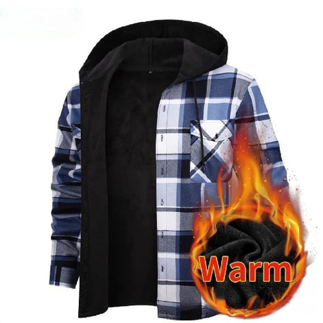 A men's hooded jacket featuring a blue, white, and gray plaid pattern on the outer shell and a black fleece-lined interior. A graphic flame overlay 