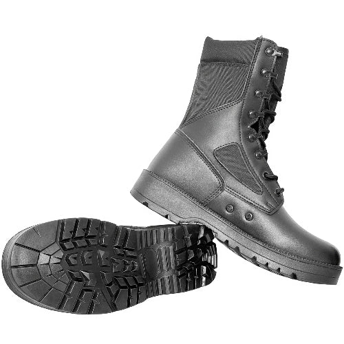 Black tactical boots with a white background