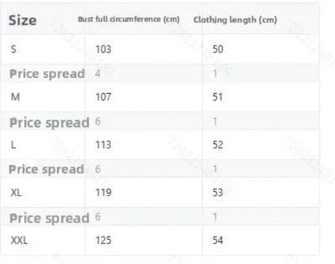 Jacket size chart for S through XXL showing bust circumference and garment length measurements in centimeters⠋