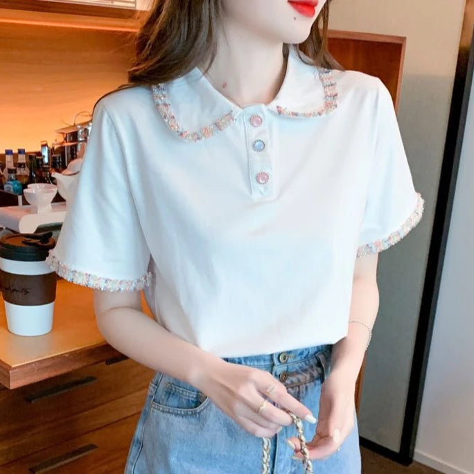 Short Sleeve Button T-shirts Summer Outfit Lapel Baggy Female Tee Aesthetic Clothing Sales Y2k Fashion Youth Women's Polo Shirts
