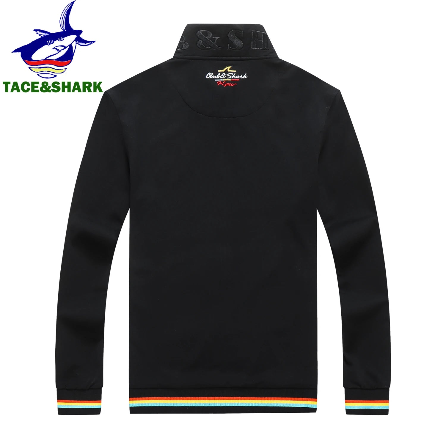Navy blue sweater with red and white trim on a white background, featuring Tace&Shark logo.