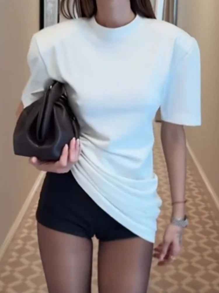 Versatile Regular-shoulder T-shirts Women Casual White Round Neck Irregular Hem Pleated Short Top Summer Lady Street Wear New