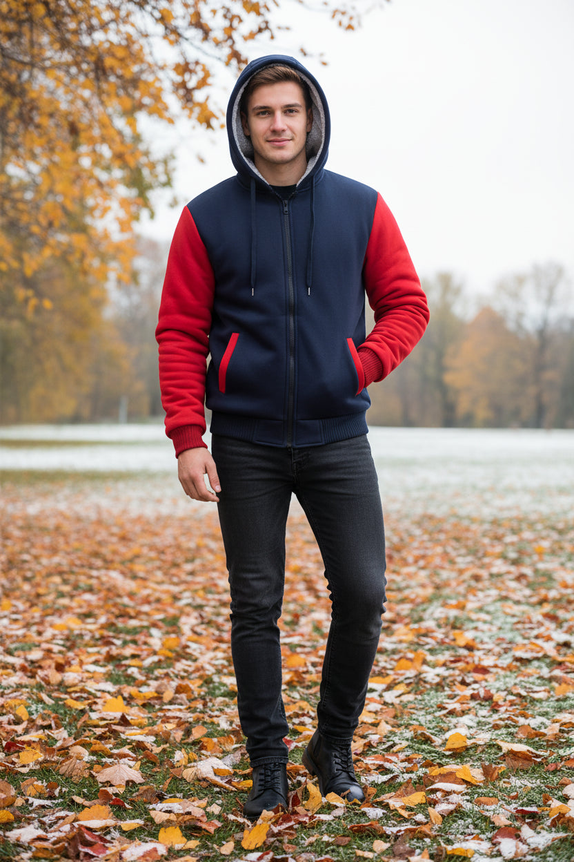 Hoodie with red sleeves and black body on a white background
