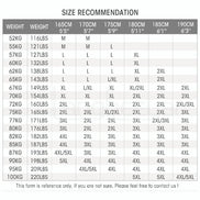 Size recommendation chart for clothing based on weight and height.