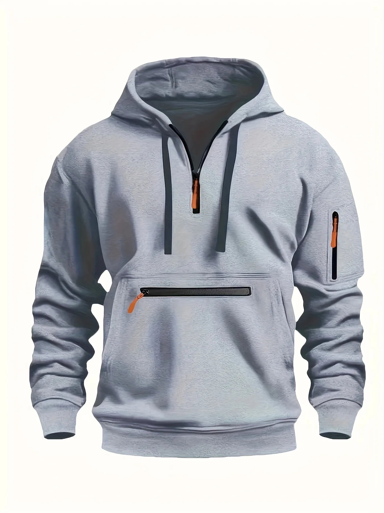 A light gray heather pullover hoodie with a half-zip neckline, a front kangaroo pocket, and zippered pockets on the chest and sleeve, shown against a plain off-white background.