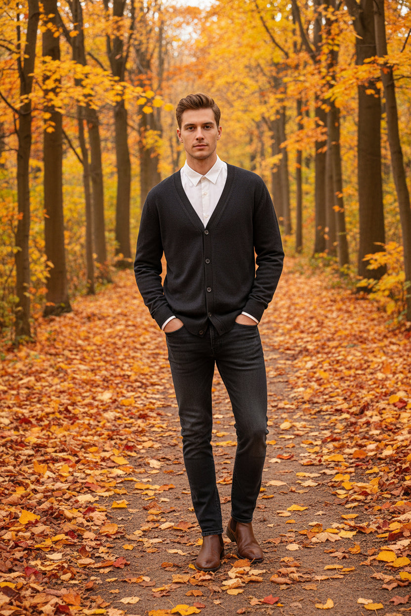 Black cardigan over a white shirt on a wooden hanger against a wooden panel background