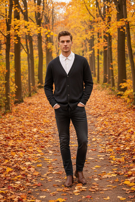 Black cardigan over a white shirt on a wooden hanger against a wooden panel background