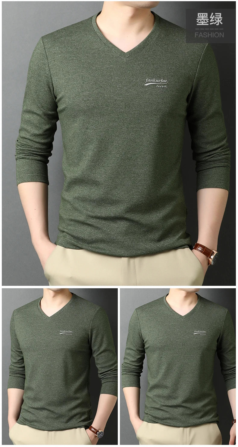 Top Quality New Fashion Brand Solid Color Plain V Neck Long Sleeve t Shirt Men Cotton Casual Men Clothes 2025