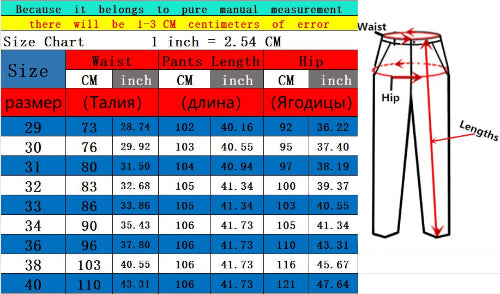 A size chart and measurement diagram for pants, showing a size table with waist, pants length, and hip measurements in centimeters and inches, 